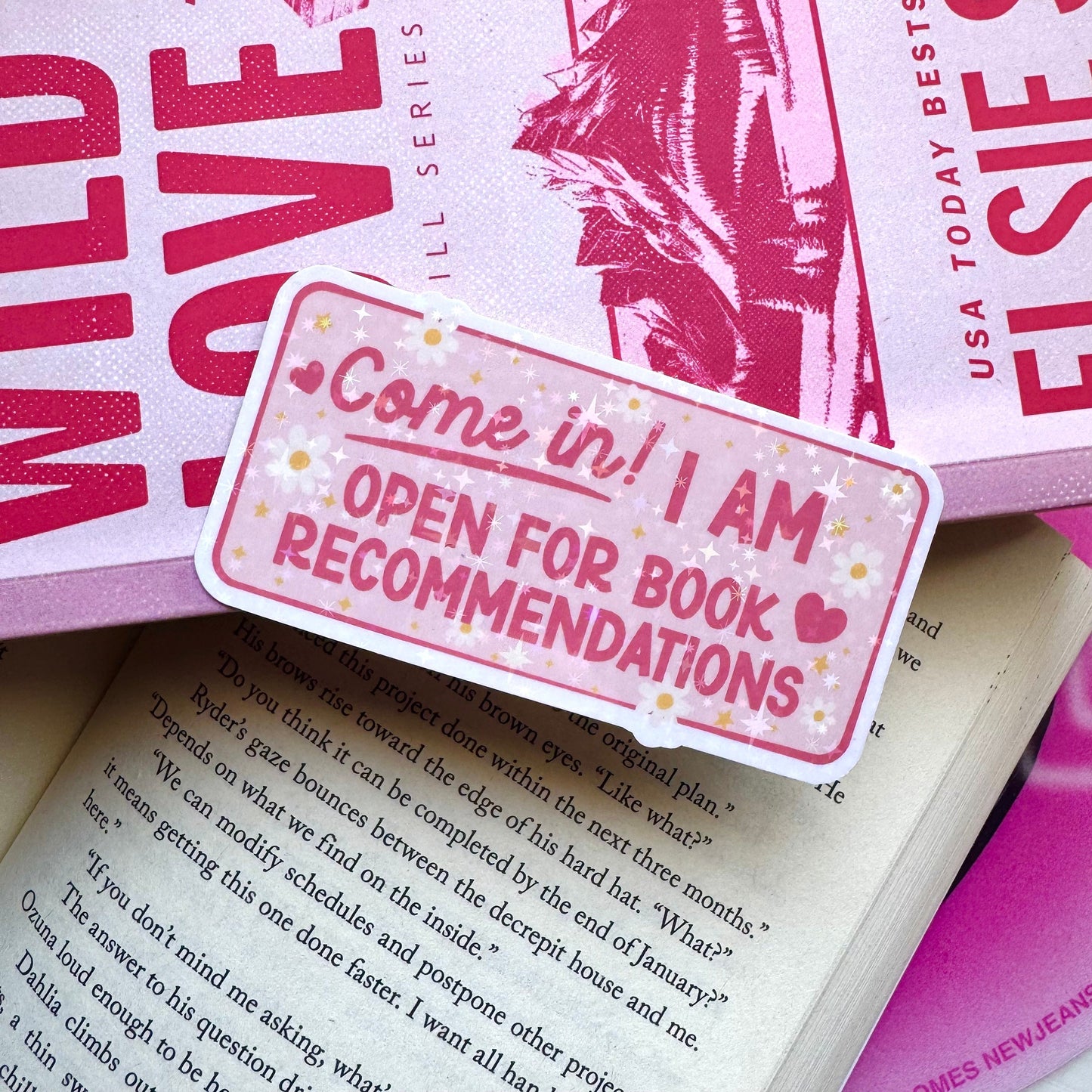 Open For Book Recs Sign Holographic Sticker