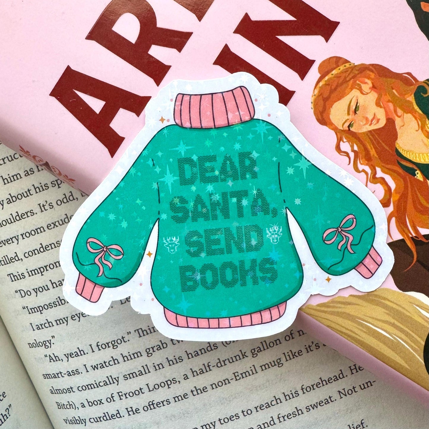 Santa Send Books Christmas Sweater Holographic Sticker