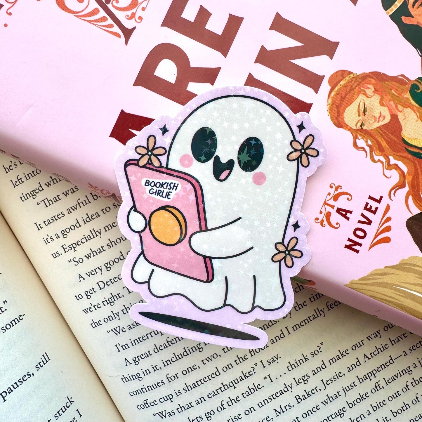 Bookish Ghost Girlie Holographic Sticker