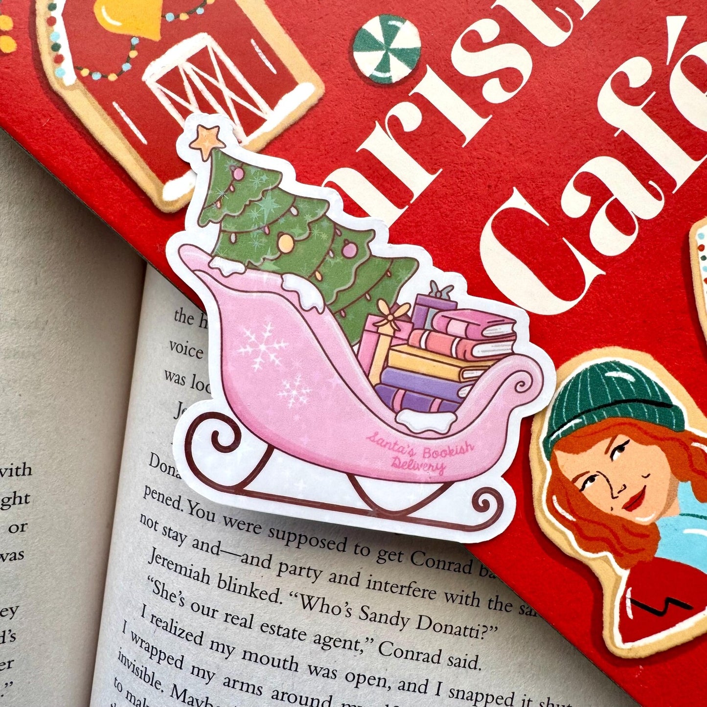 Santa's Bookish Delivery Sleigh Holographic Sticker